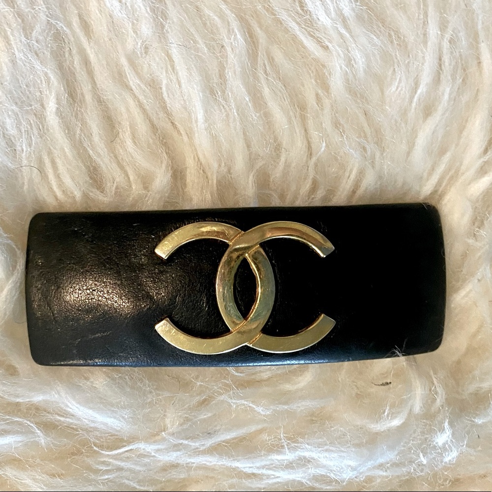 CHANEL Black Leather Gold CC Logo Classic Hair Clip Barrette